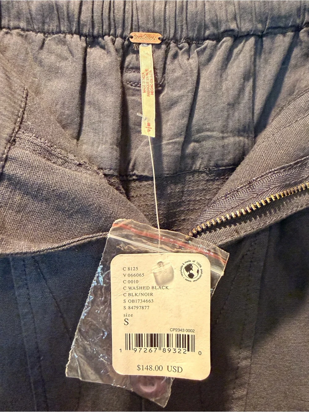 NWT Free People Weathered Charcoal Black Cargo Shorts with Elastic Waist and Tie